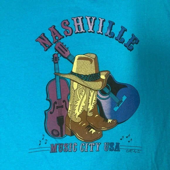 Vintage Jerzees Nashville Music City USA T-Shirt Blue Made in USA Large 50/50 - Picture 1 of 12